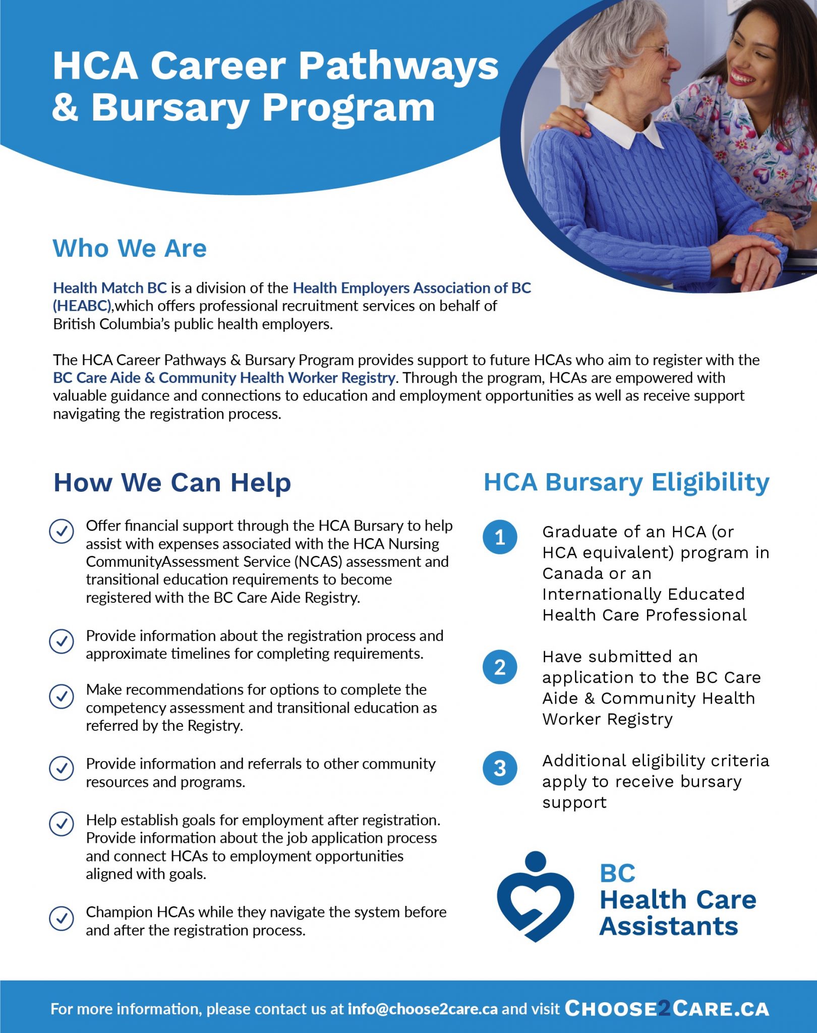 HCA Career Pathways Bursary Program Choose2Care.ca BC Health Care