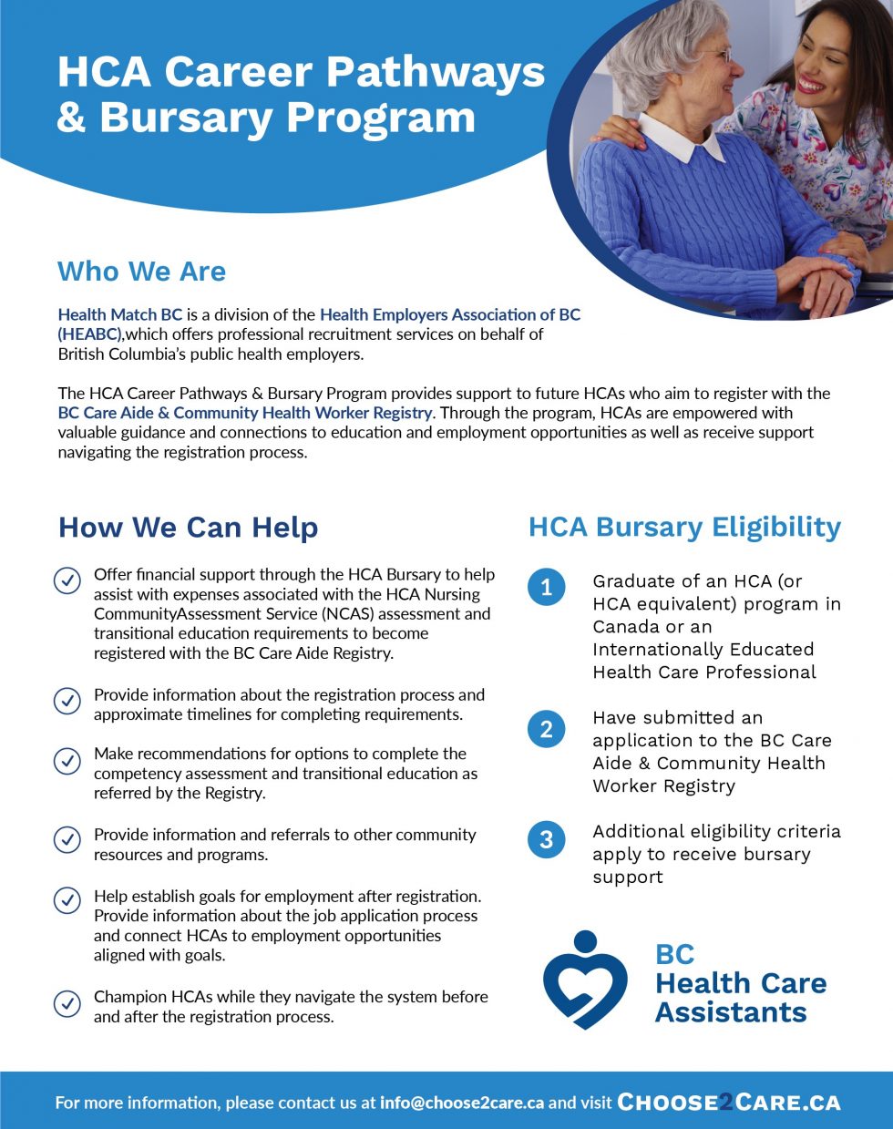 HCA Career Pathways Bursary Program Choose2Care.ca BC Health Care